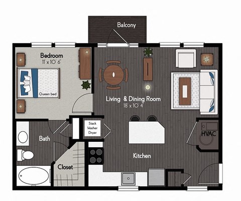 Floor plan for 1 bed, 1 bath, 645 sqft